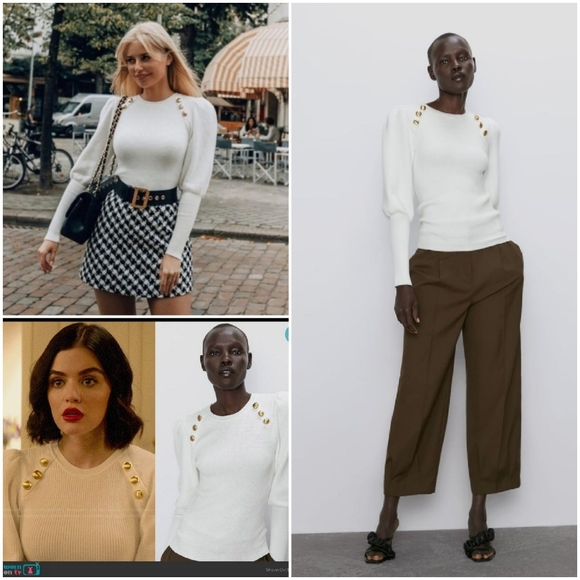 Zara puff shoulder gold button knit sweater - Picture 3 of 9